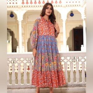 New Noemi Boho Indian Cotton Dress Multi Coloured Tiered XL